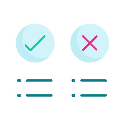 Checkmark and X icons with lists, indicating options for acceptance and rejection.