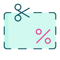 Discount scissors cutting a coupon, with a pink percent sign on a teal rectangle