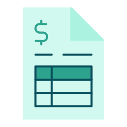Teal spreadsheet document icon with a dollar sign, suggesting finance or billing.