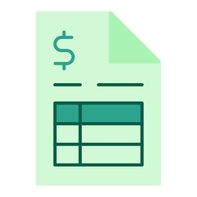 A light green document icon with a dollar sign symbol and a small table grid, representing a financial statement or bill.