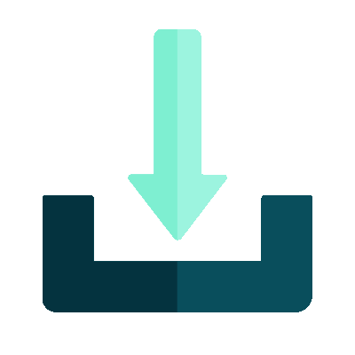 Teal download icon with a downward arrow into a tray