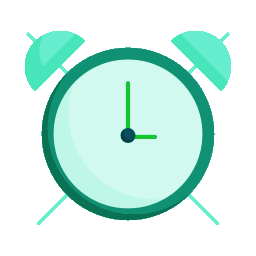 Mint-green alarm clock icon with two bells and a simple analog face