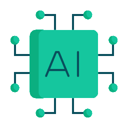 Teal AI chip icon with circuit lines and nodes on a white background