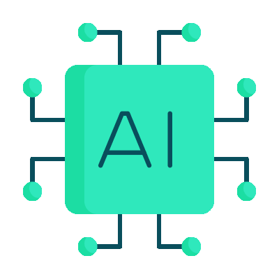 Turquoise AI chip icon with circuit lines and nodes on a white background