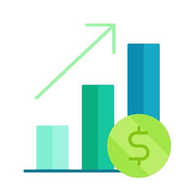 A bar graph with three blue-green bars of increasing height and an upward-pointing arrow next to a green dollar sign coin.
