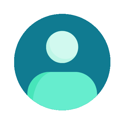 Teal circular avatar icon with a simple light face and shoulders on a blue background