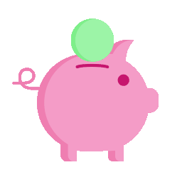 Pink cartoon pig with a green ball on its back, side view on a white background