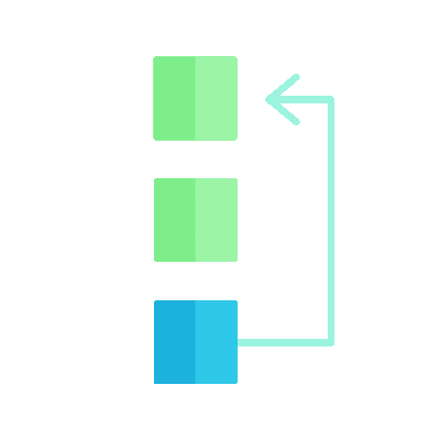A vertical stack of three squares—two light green and one blue—with a teal arrow looping from the bottom to the top square.