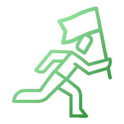 Enterprise Corporations Green line icon of a person in a wheelchair moving forward with a raised arm