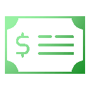 Finance Green stock certificate icon with a money symbol and two horizontal lines, outlined in light green.