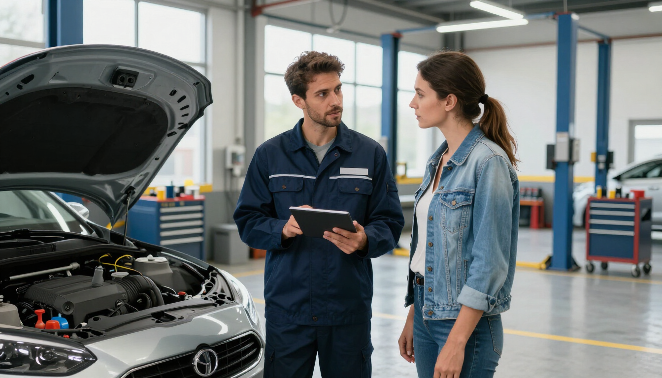 Mechanic showing a woman an open car engine in a garage