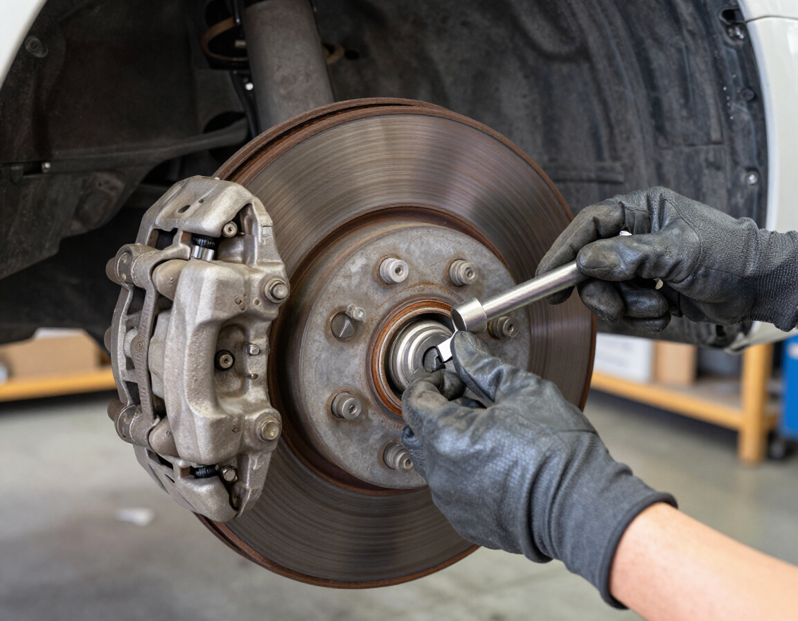 Gloved mechanic tightening a wheel hub bolt on a car brake rotor