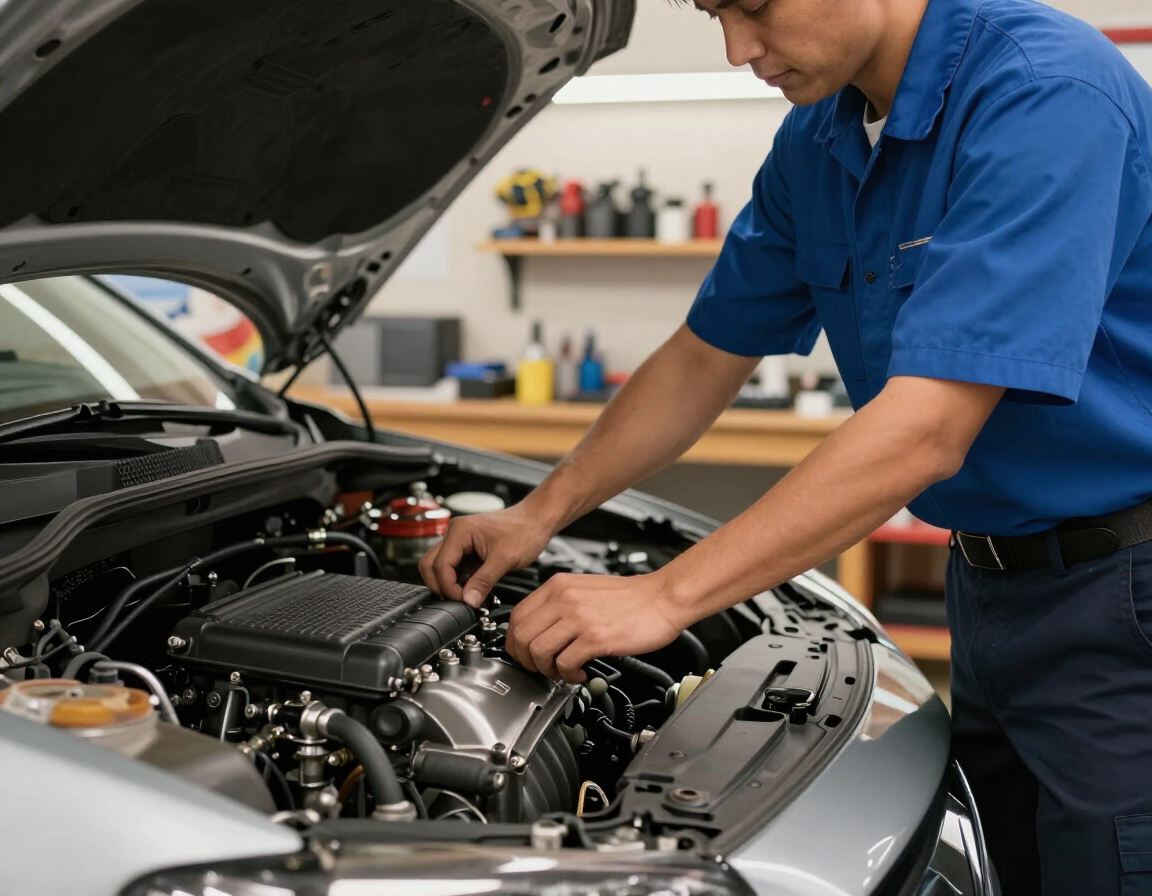 Mechanic in blue uniform working on a car engine with the hood open in a workshop