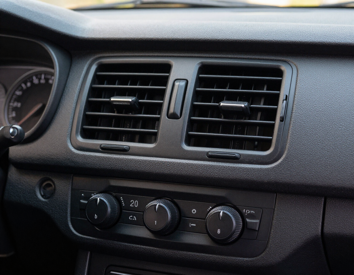 Car dashboard with air vents and climate control knobs, shown in close-up.