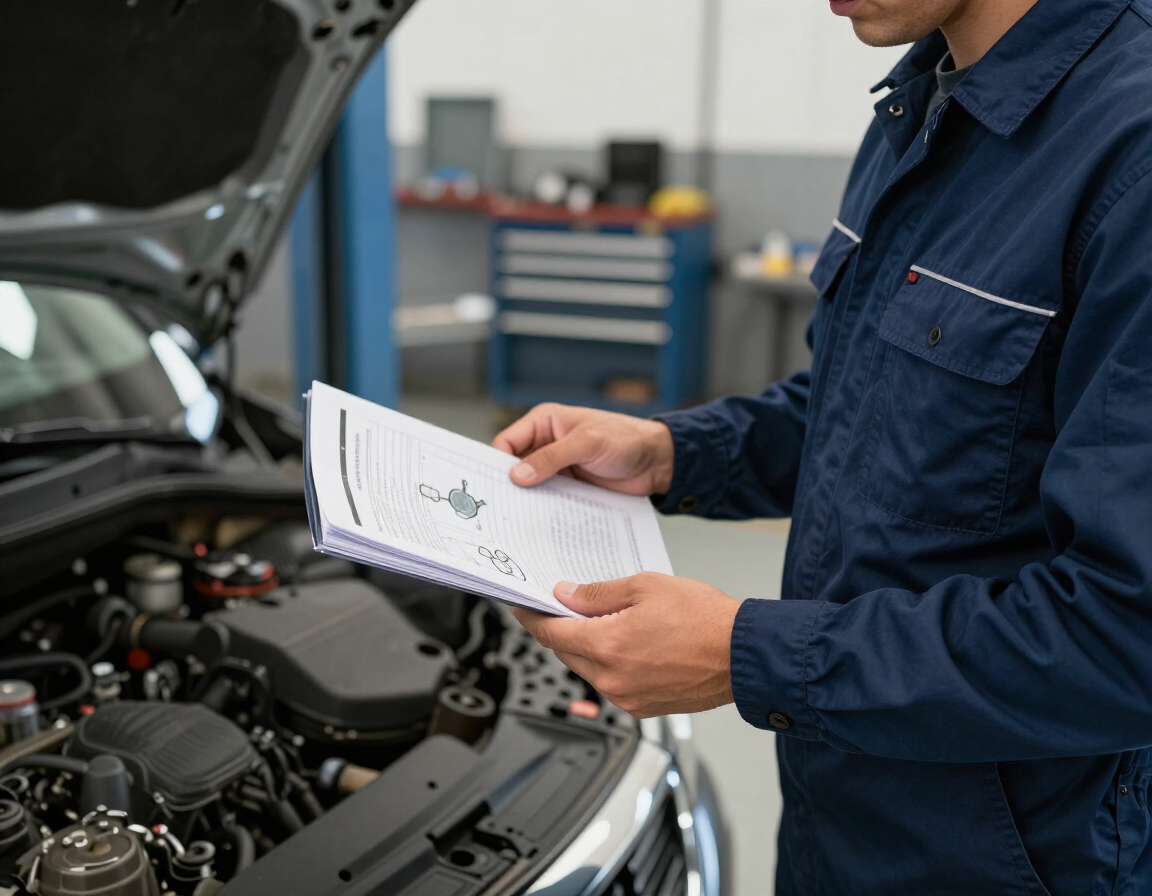 Mechanic in blue coveralls reviewing a checklist beside an open car hood in a garage