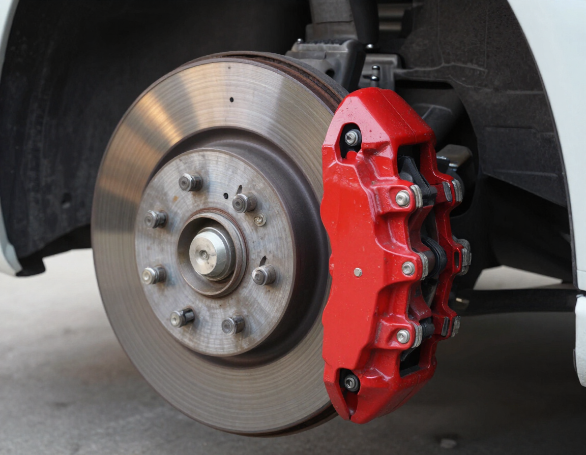 Close-up of a car brake rotor and bright red caliper on the wheel hub.