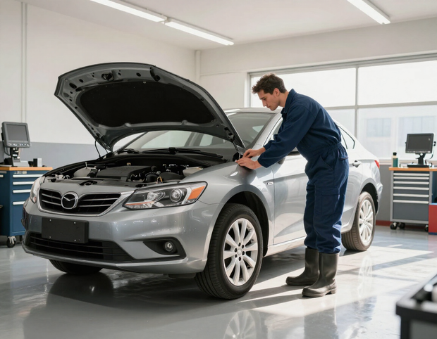 Mechanic inspecting a silver car with open hood in a bright auto repair shop