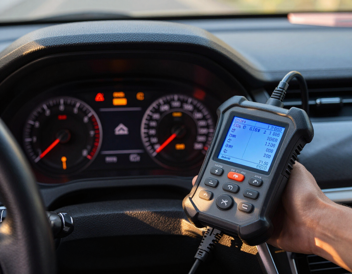 Hand holding a car diagnostic scanner inside a vehicle, with dashboard gauges visible in the background