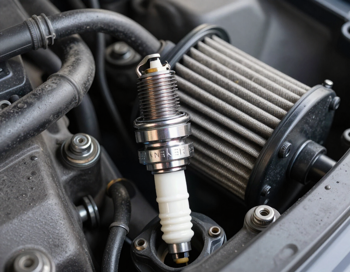 Close-up of a car engine with a spark plug installed beside a pleated air filter.