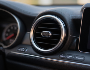Close-up of a car dashboard air vent and infotainment screen in a black interior