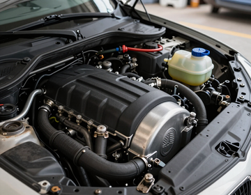 Car engine bay with a large black turbocharged engine and a translucent coolant reservoir with blue cap