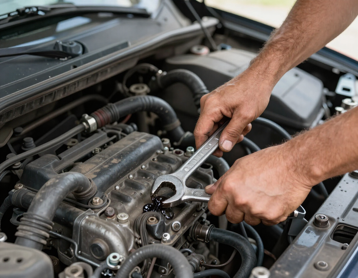 Hands using a wrench to repair a car engine in an open hood compartment