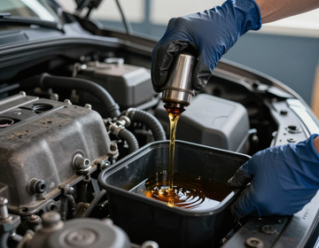 Mechanic pours used oil from an engine into a drain pan in a car engine bay