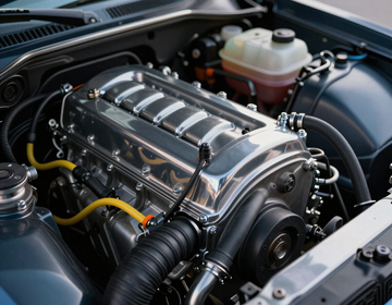 Polished car engine bay with chrome supercharger and yellow hoses