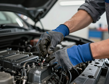 Mechanic in blue gloves working on an open car engine in a garage