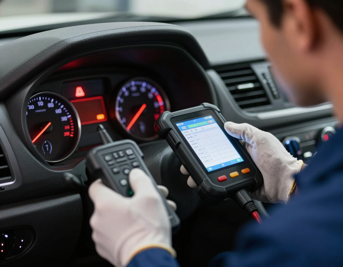 Mechanic in gloves using a diagnostic scanner inside a car with illuminated dashboard gauges