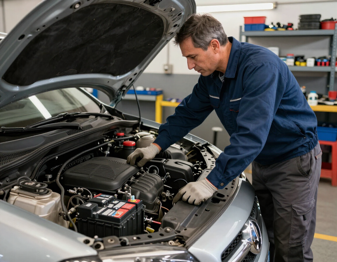 Mechanic inspecting a car engine in a garage with the hood open