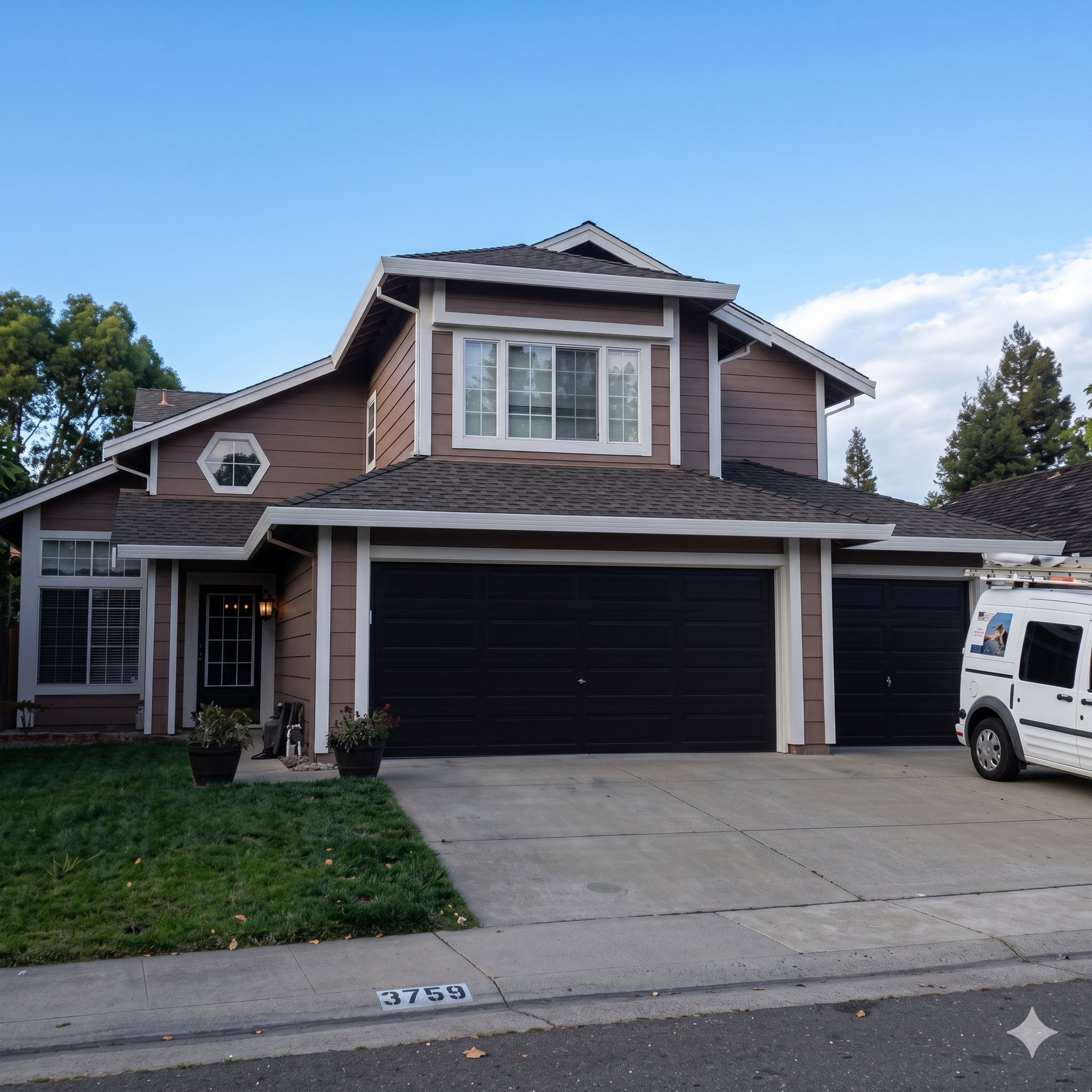 A two-story brown house with white trim and black garage doors.