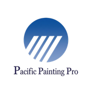 Pacific Painting Pro logo with blue circle and white diagonal stripes on a white background
