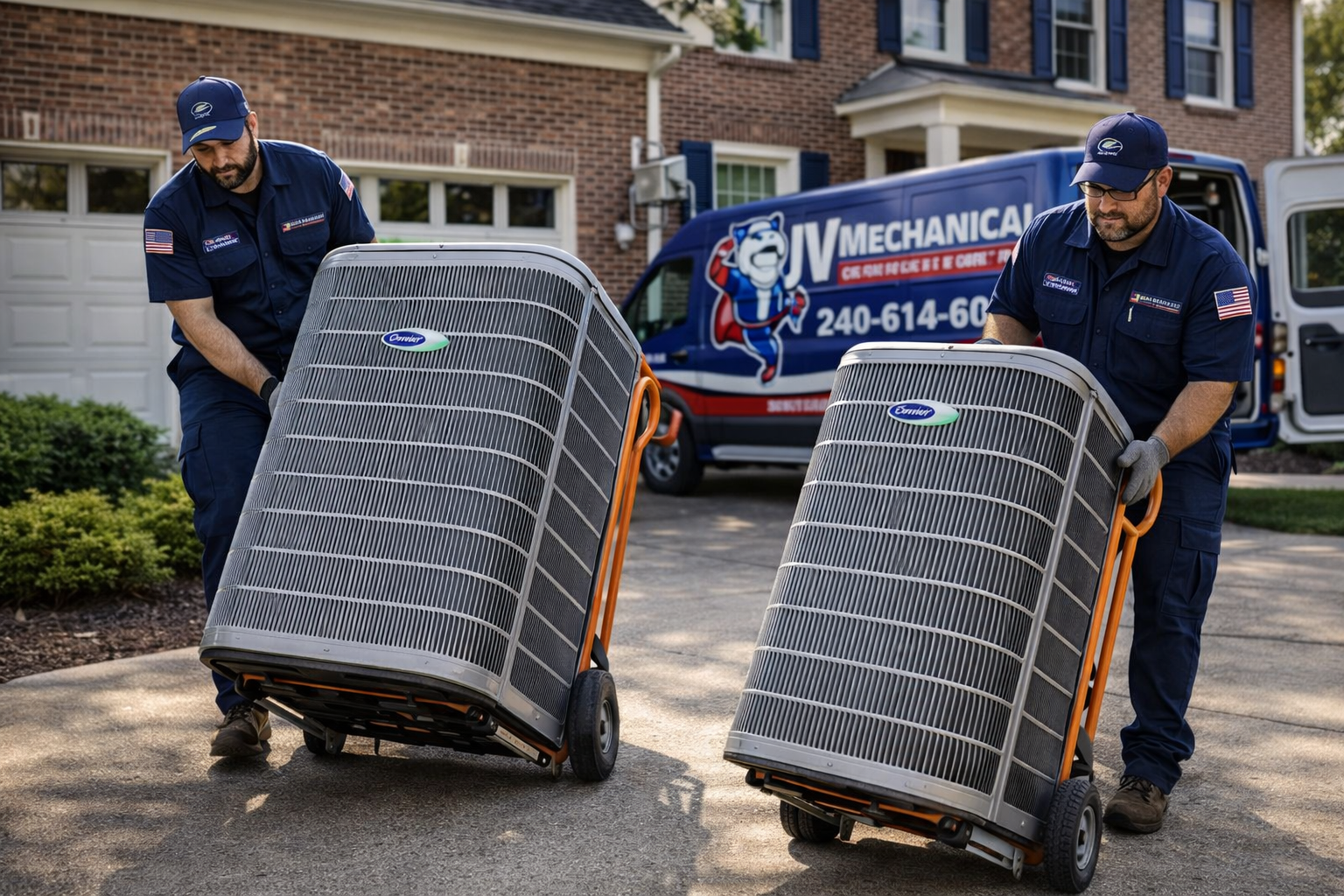 Two technicians in blue uniforms use hand trucks to move large Carrier HVAC units toward a parked company van.