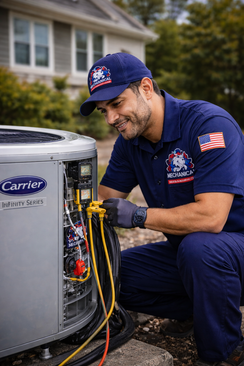 A service technician in a blue uniform and cap inspects a Carrier HVAC unit outside a house.