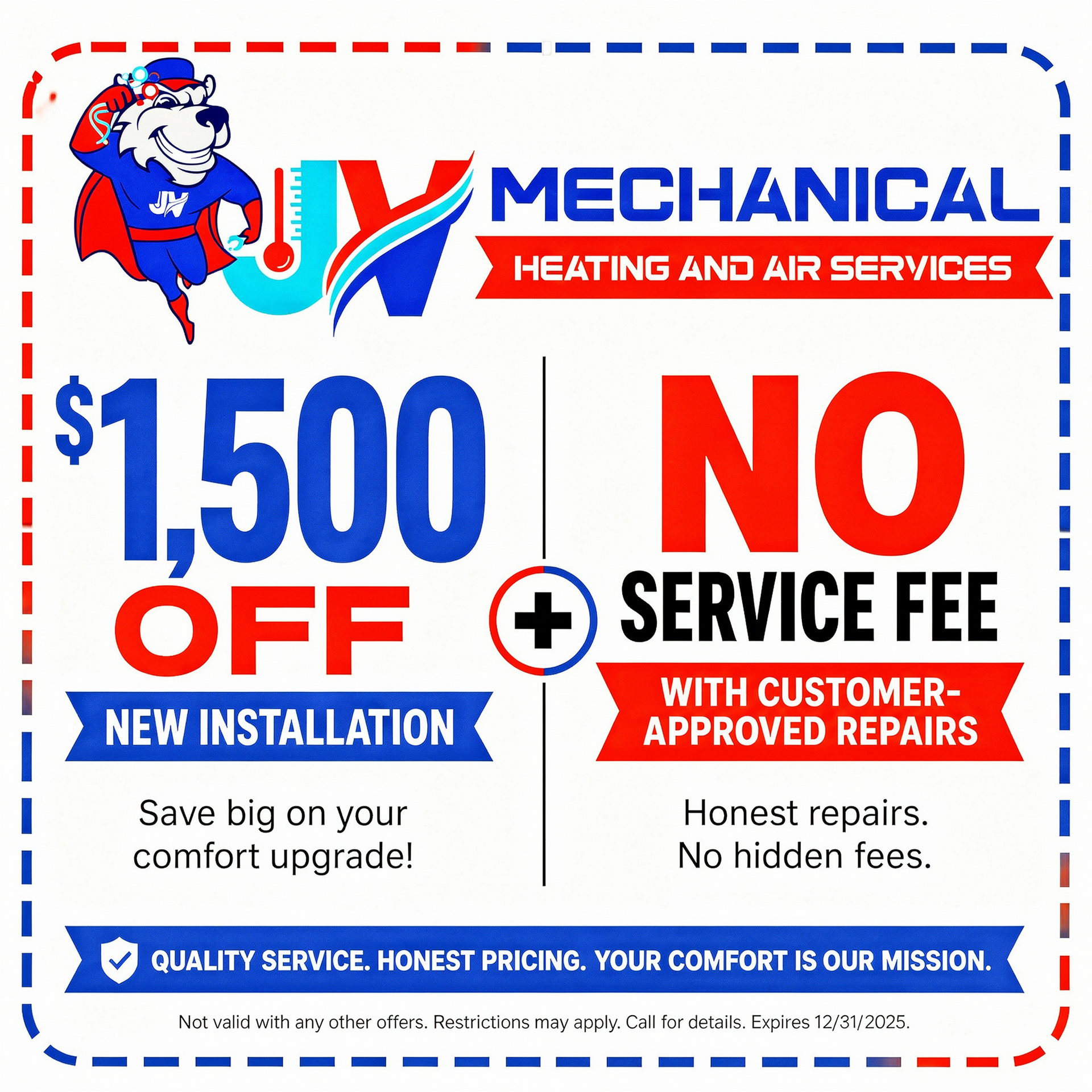 HVAC promo graphic: $1,500 off new installation, no service fee, with logo and blue-red accents