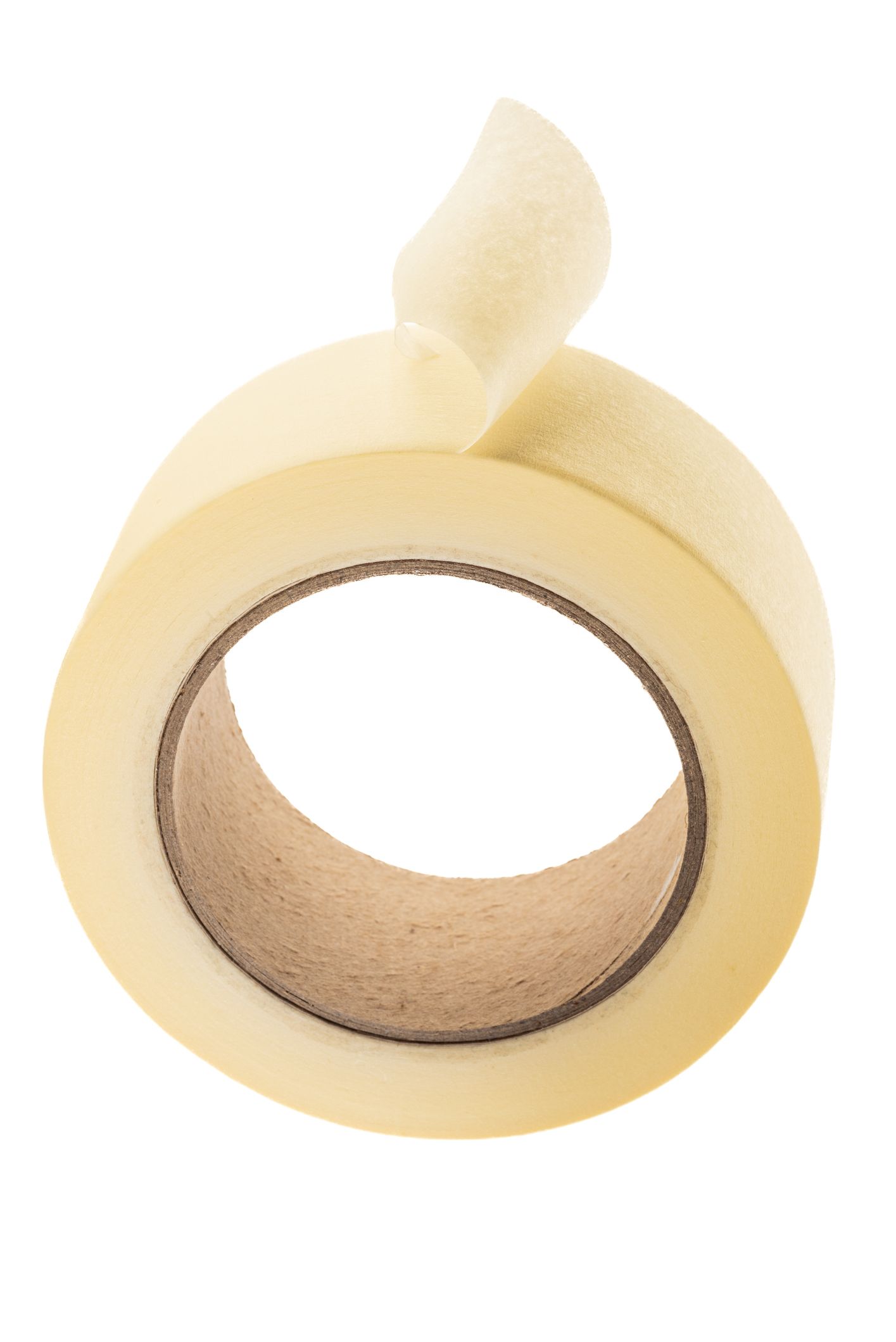Roll of tan painter's tape, with a partially peeled end, against a white background.