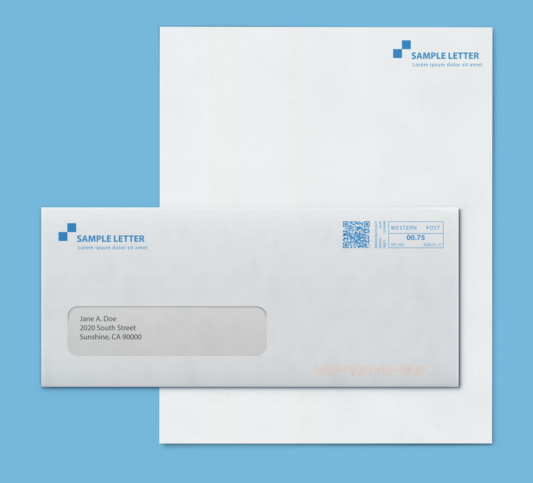 A letter and envelope with sample letters on them