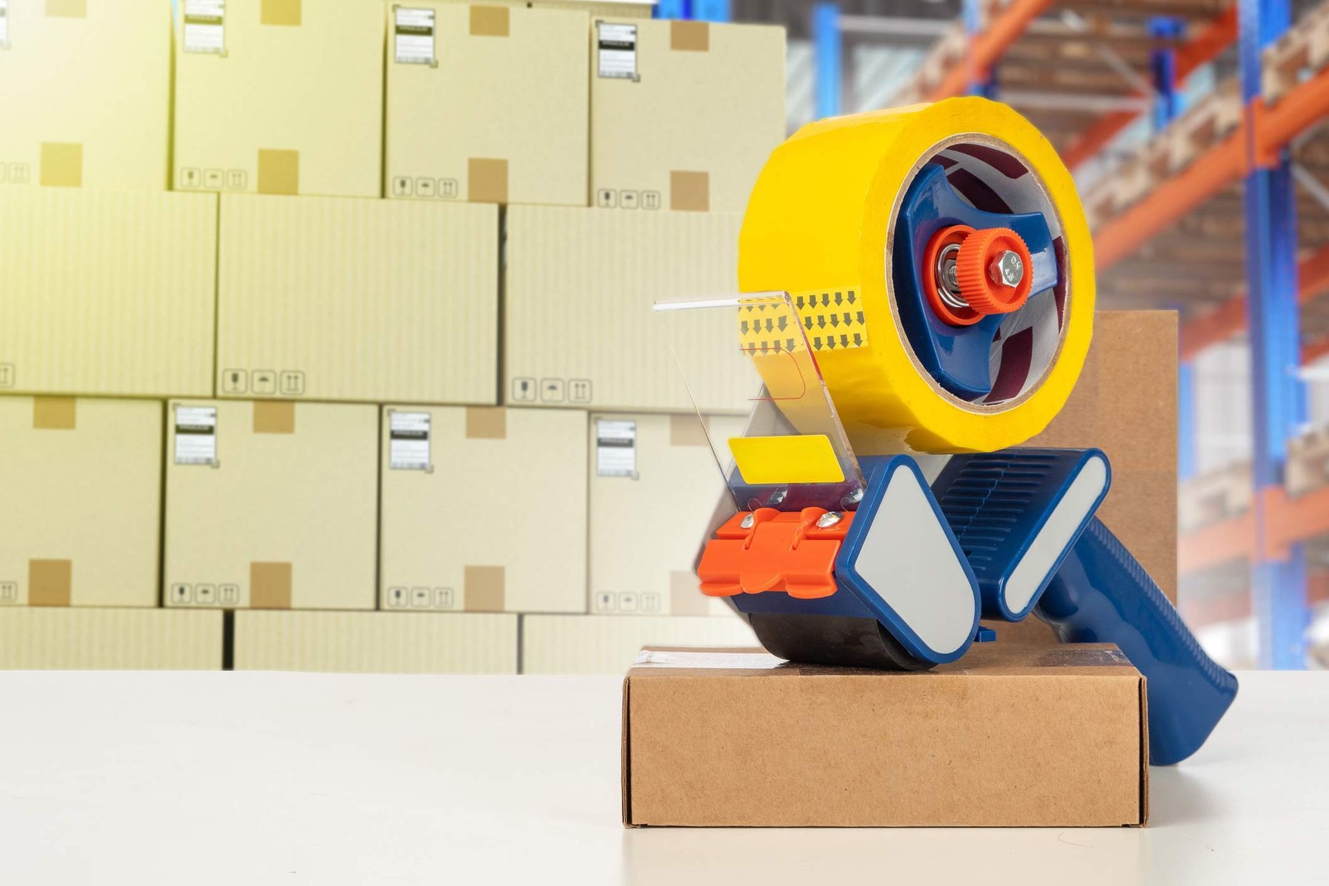 A colourful tape dispenser is on top of a cardboard box, with a blurry view of a warehouse behind.