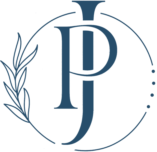 Maroon monogram “PJ” inside a thin circle with a leaf branch accent and dotted right edge