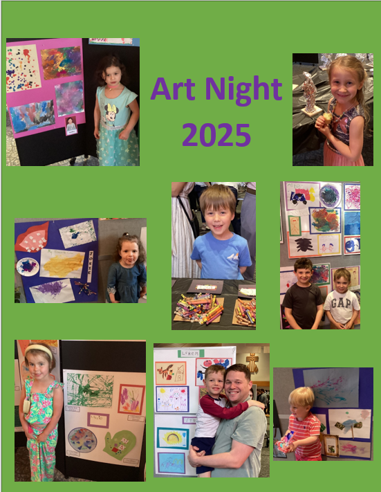 Art Night 2025 poster featuring children and adults with their art, displayed on green background.