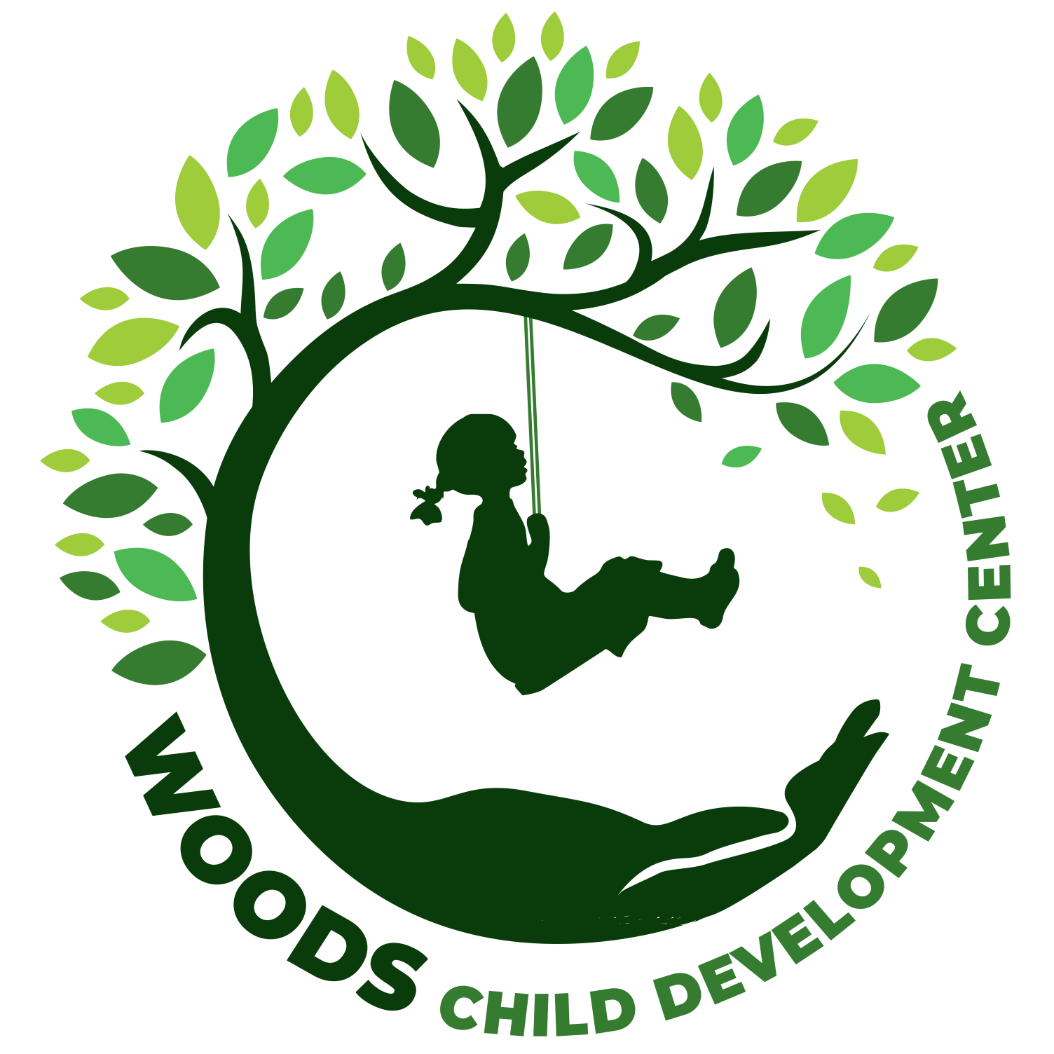Logo for Woods Child Development Center: Silhouette of a child on a swing under a tree, held within a hand. Green leaves and text.