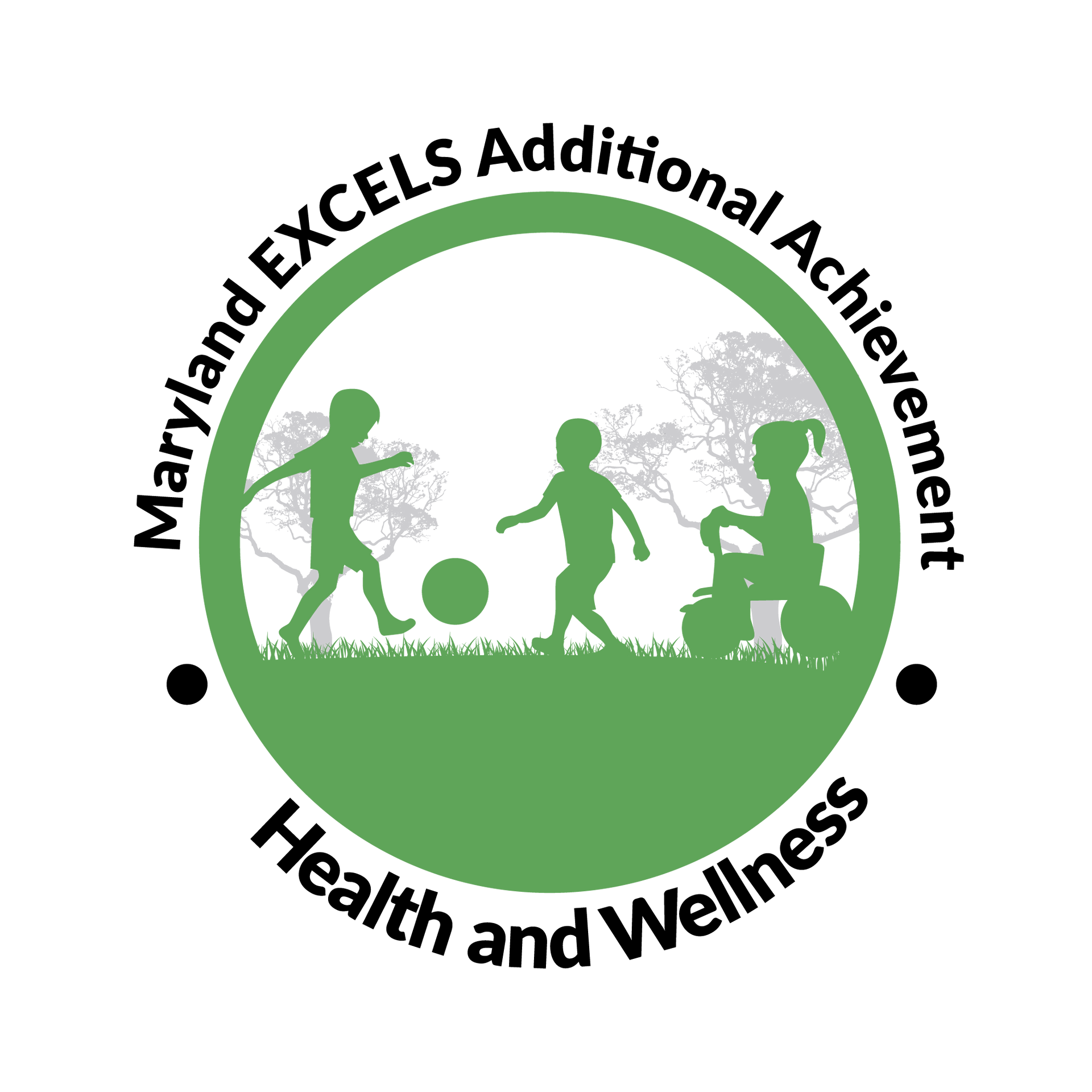 Maryland EXCELS logo: Children playing in a green field with trees. The text Health and Wellness surrounds the image.