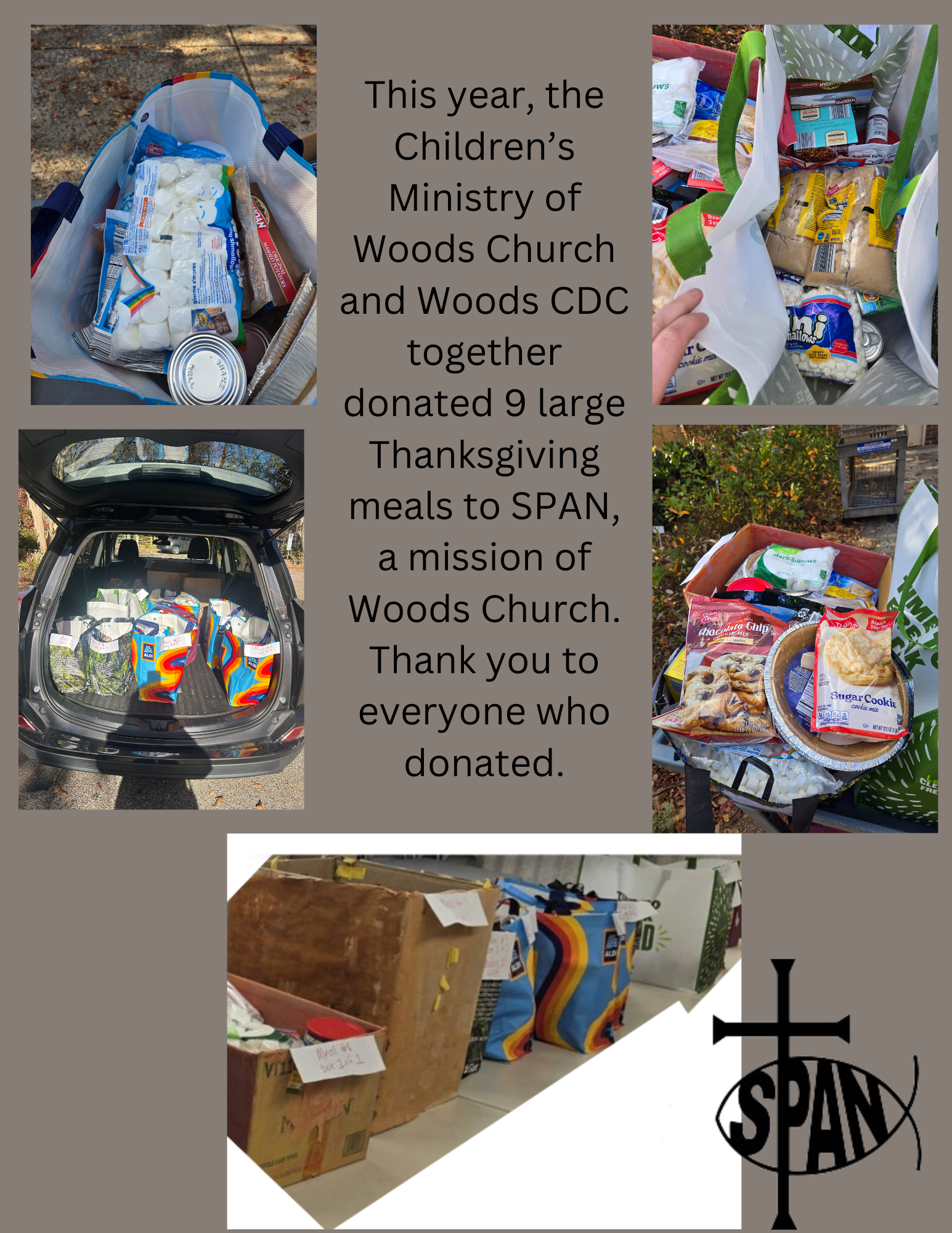 Collage showing food donations from Woods Church and CDC to SPAN, including boxed meals, bags of groceries, and a car trunk filled with food.