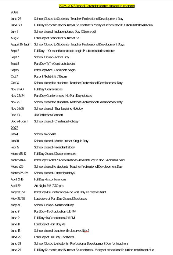 2023-2024 school calendar listing dates for school days, holidays, and professional development days.