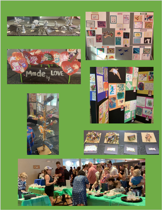 Displays of artwork and crafts at an event. People browse tables and view exhibits with various art mediums. Green backdrop.