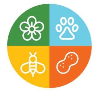 A colorful circular graphic divided into four sections, each with a different icon: flower, paw print, bee, and peanut.