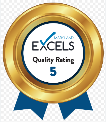 Maryland EXCELS Quality Rating 5 badge: A gold seal with a blue ribbon and white text indicating the highest quality rating.