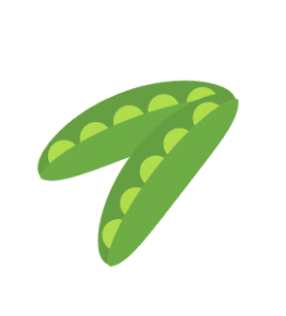 Two green pea pods, each partially open to reveal several round green peas.
