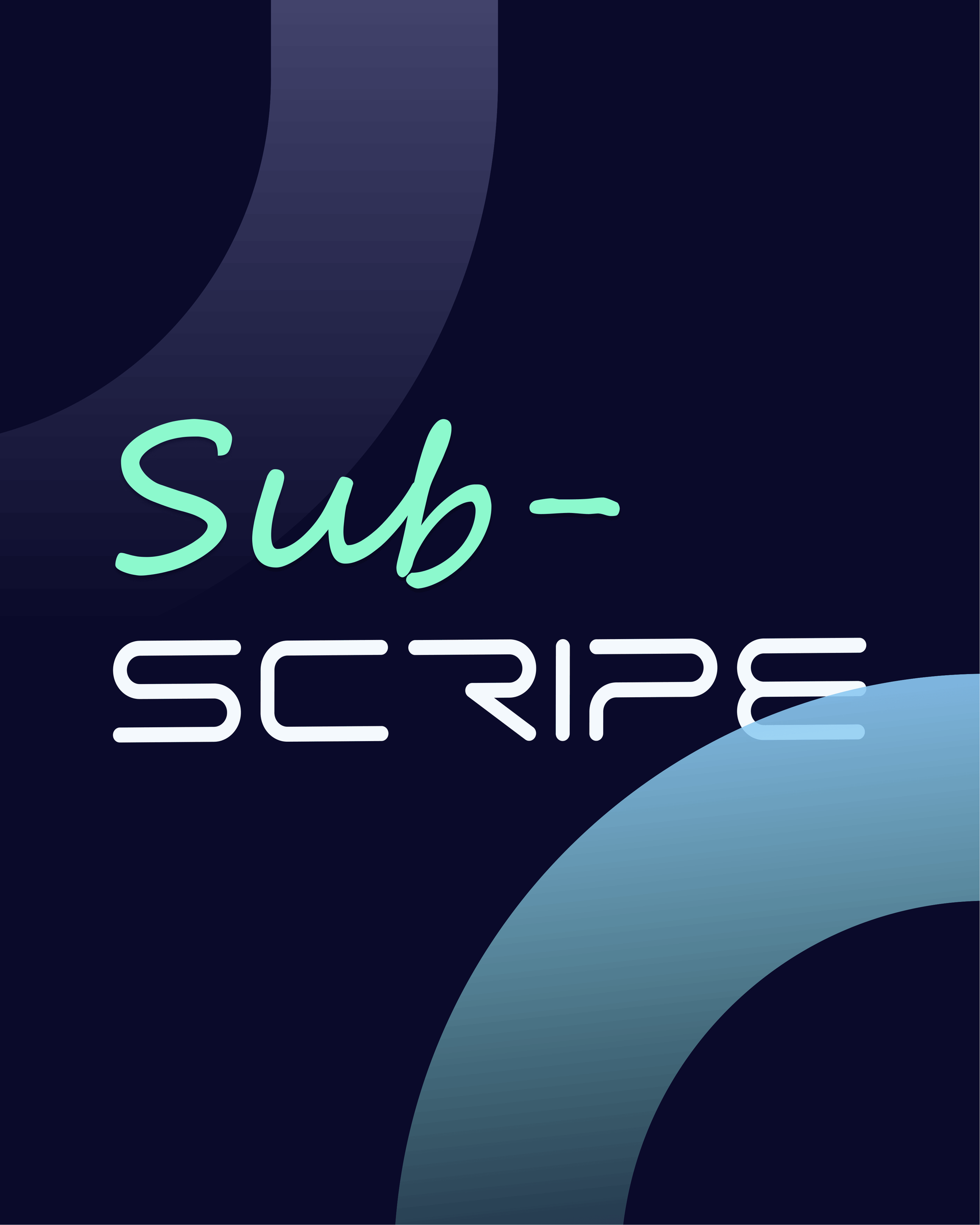 Logo reading "Sub-SCRIBE" in white and turquoise font, set against a dark blue gradient background with semi-circular shapes.
